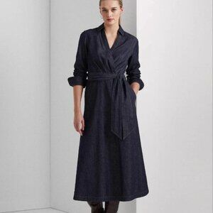 $185 Ralph Lauren Self-Belt Long-Sleeve Denim Surplice Midi Dress Size 14